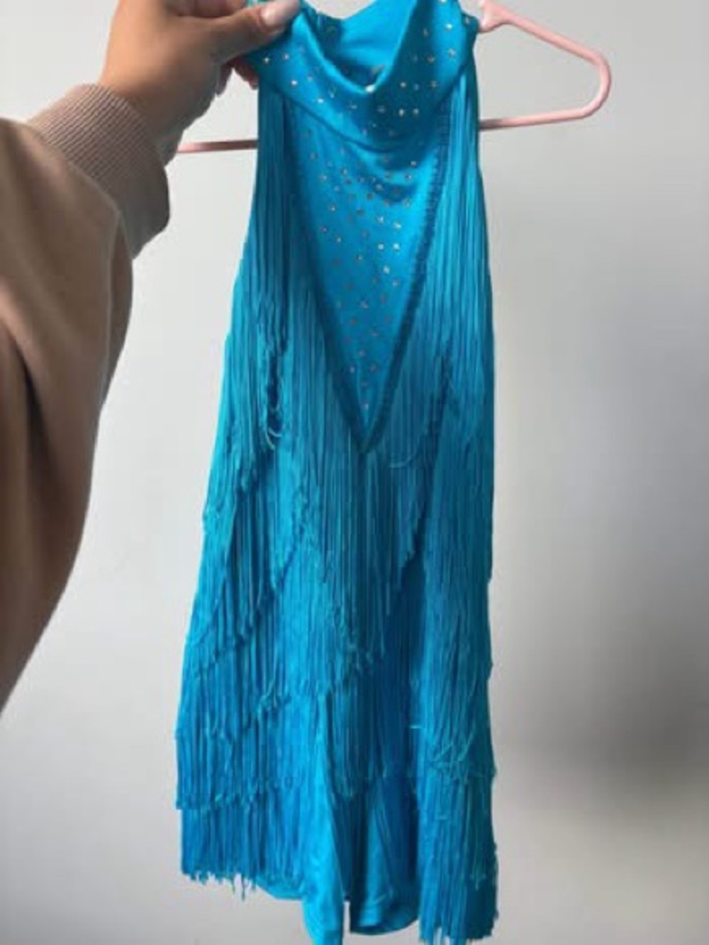 Weissman Turquoise Fringe Halter Dance Dress with Stud Accents